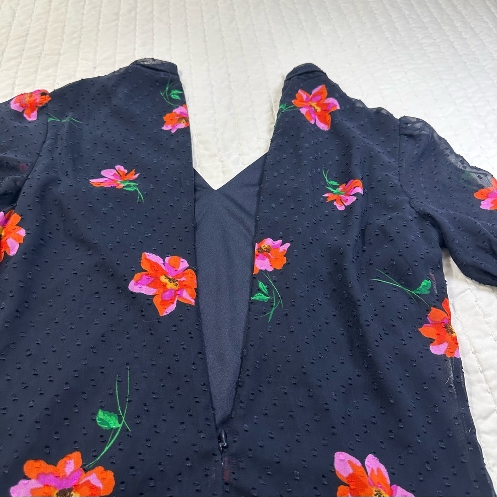 DKNY Party Floral Navy and Pink Flower Bow neck Ruffle Sheer Sleeves Mini Dress - Picture 12 of 16